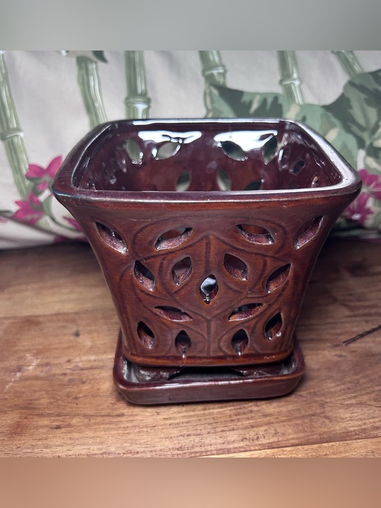 Other - Ceramic Orchid Pot with Attach Tray and Cut Out Sides Glossy Brown